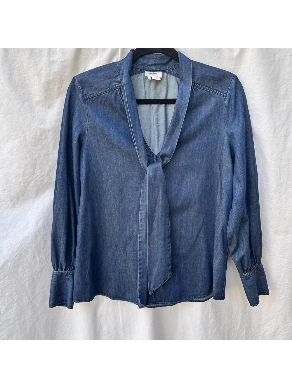 Kate Spade Denim Collared Tie Neck Blouse with Button Cuff Detail Size Small